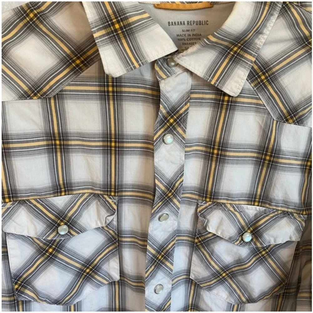 Banana Republic Men’s White Grey Yellow Western Pearl Button Snap Shirt Medium